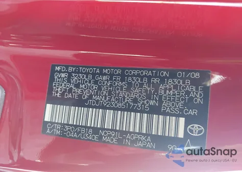 2008 Toyota Yaris from USA, damaged, VIN JTDJT923085177315